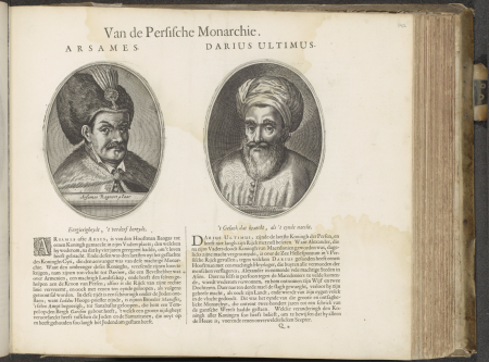Portretten van de koningen Arses en Darius III Van de Persische monarchie (titel op object) Den Grooten Emblemata Sacra, bestaande in meer dan vier hondert bybelsche figuren, zoo des Ouden als des Nieuwen Testaments (s, RP-P-2015-10-142