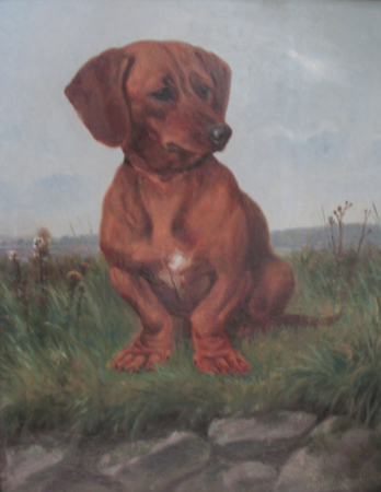 Dachshund on a stone fence., Simon Simonsen, 1899