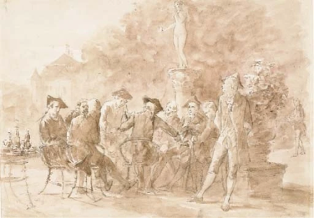 Monticelli - Attributed to - Des hommes assis dans un parc près d'une statue de Vénus Victrix, un château au fond, 1851, Adolphe Joseph Thomas Monticelli