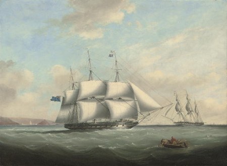 H.M.S. Pique emerging from Plymouth Sound and exchanging signals with an in-bound frigate off her port bow, Nicholas Matthews Condy, 1838
