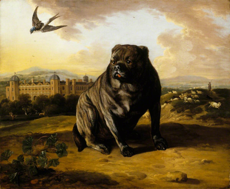 A Dutch Mastiff (called 'Old Vertue') with Dunham Massey in the background, Jan Wyck, 1700