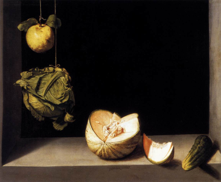 Quince, Cabbage, Melon, and Cucumber, Juan Sánchez Cotán, circa 1600