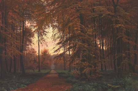 Forest scene with a road and some game., Johannes Boesen, 1878