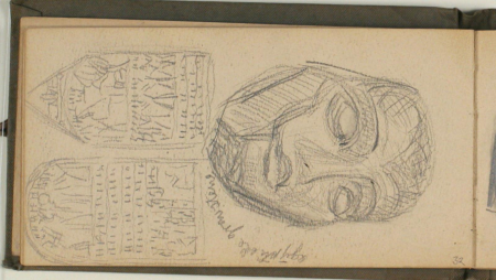 Studies of Egyptian tomb stelae and a Mesopotamian head. Note, Niels Larsen Stevns, 1919