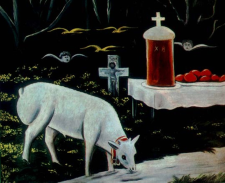 A Lamb and a Laden Easter Table with Angels Flying in the Background, Niko Pirosmani, 1900s