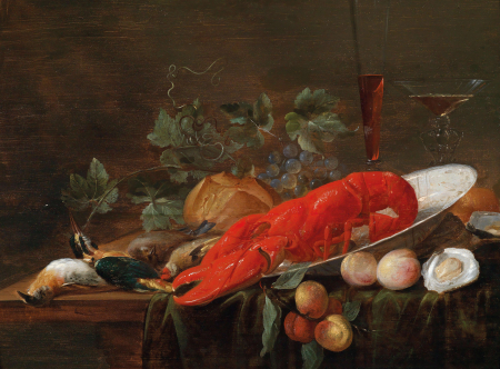 Still life with a lobster, dead birds, fruit, oysters and bread on a table, Pieter van Overschie, between 1640 and 1672
