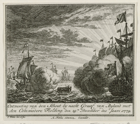 Treffen tussen Fielding en Van Bylandt, 1779 Ontmoeting van den Schout by nacht Graaf van Byland met den Commodore Fielding. den 29te December des Jaars 1779 (titel op object), RP-P-OB-85.043, Simon Fokke, between 1783 and 1784