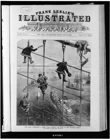 New York-completing a great work-lashing the stays of the Brooklyn Bridge - from a sketch by a staff artist. LCCN90715548, Frank Leslie, 1883