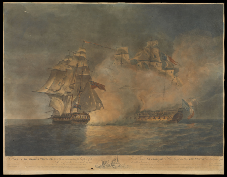 To Captain Sir Thomas Williams, This Print representing the Capture of the French Frigate La Tribune by His Majesty's Ship The Unicorn on the 8th June 1796...Is...inscribed, Nicholas Pocock, 14 September 1797