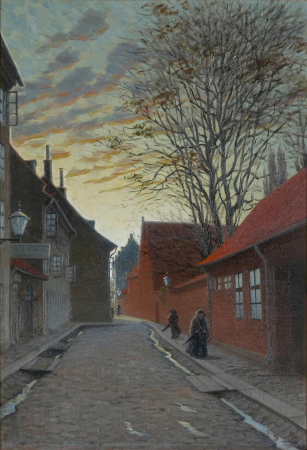 An street scenery at nightfall from Skindergade in Copenhagen., Alfred Larsen, between 1878 and 1946