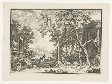 Arcadisch landschap met herder tussen ruïnen, RP-P-BI-7221E, between 1713 and 1775