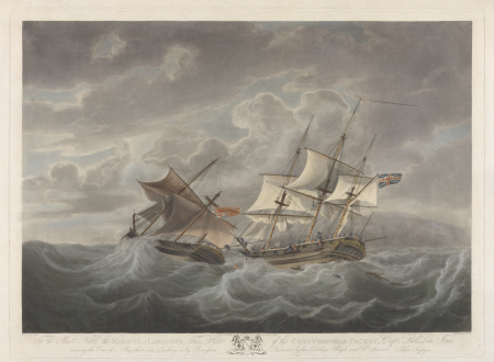 To - the Marquis of Lansdown - Chesterfield packet, Captn. Robt. Lea Jones rescuing the crew of a ship that was sinking - RMG PY8450, Nicholas Pocock, 1 July 1795