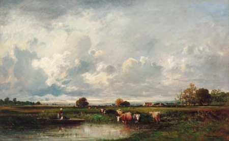 Cattle and farmhands in a pasture, Léon-Victor Dupré