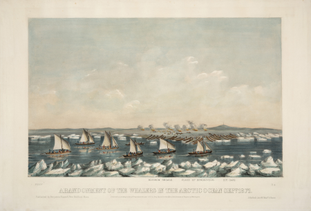Abandonment of the Whalers In The Arctic Ocean September 1871. Vessels caught in the ice. Wainwright Inlet is in the background., 1872