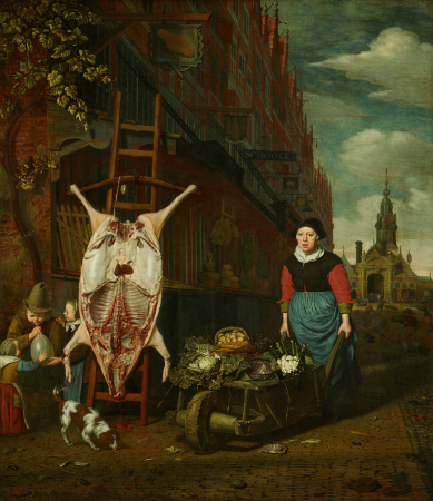 The pig on the ladder with a view of the Haarlemmerpoort-The Haarlemmerdijk with a pig on a stepladder, Michiel van Musscher, 1668; 1668