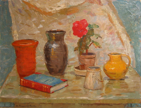 Still life with a book, some jars and a potted plant., Matthias Peschcke Køedt, between 1903 and 1949