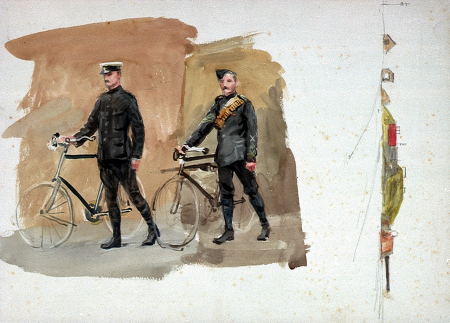 Two figures in uniform with bicycles, 1914-18, and a view of an encampment RMG PU9970, William Lionel Wyllie