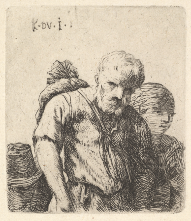 Bearded man shown in half-length with bundle slung over right shoulderblade, flanked by a woman shown in half-length and a man wearing a tall hat in lower left corner, Karel Dujardin, circa 1641–78