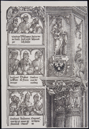Ehrenpforte arc triomphal de l 'empéreur Maximilien I, Left Part (Portal of Praise) 11 three sets of ancestors and a statue of Albrecht PK-P-127.315L11