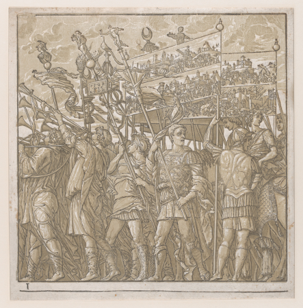Sheet 1: Soldiers carrying banners depicting Julius Caesar's triumphant military exploits, from The Triumph of Julius Caesar, Bernardo Malpizzi, 1599