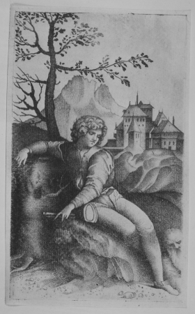 Young shepherd seated in a landscape looking toward an old man in the lower right, buildings in the background and a tree and mountain at left, Giulio Campagnola, circa 1509–12