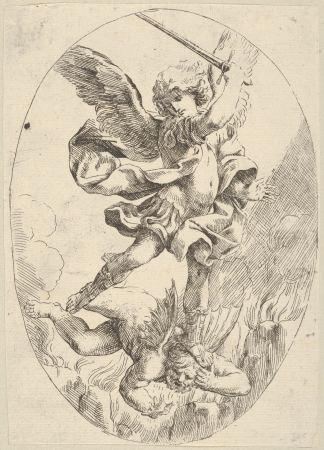 The winged archangel Saint Michael holding a sword and standing on the head of the devil, who descends into hell, an oval composition, after Reni, Guido Reni, between 1600 and 1640