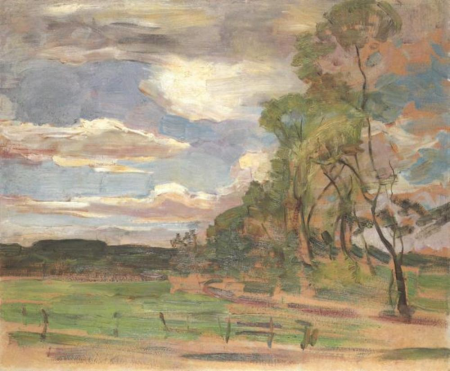 Field with gate and trees at right, Piet Mondrian, circa 1907