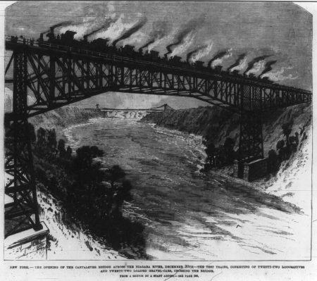New York - the opening of the Catalever Bridge across the Niagara River, December 20th - the test trains, consisting of twenty-two locomotives and twenty-two loaded gravel-cars crossing the LCCN2007675553, Frank Leslie, 1883