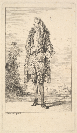 Standing man with right hand tucked into his waistcoat, shown in frontal view with his head turned toward the left, from the series 'Figures of fashion' (Figures de modes), Jean-Antoine Watteau, circa 1710
