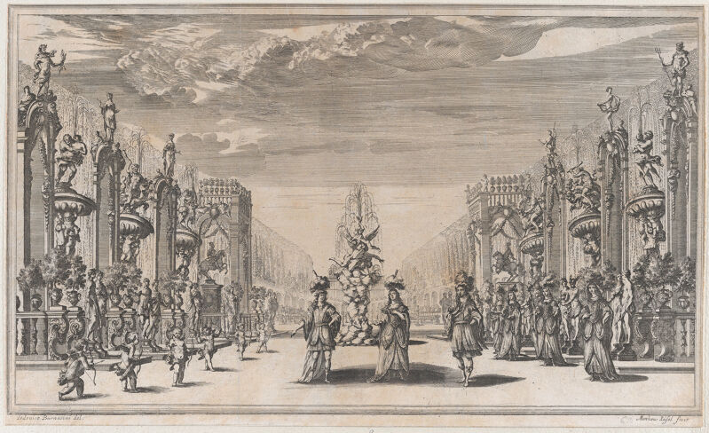 Pleasure garden, with three figures in front of a fountain at center, a row of putti to the left, and a group of women to the right; set design from 'Il Pomo D'Oro', Mathäus Küsel, 1668