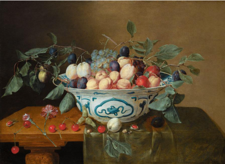 Still life of apricots, plums, red and white grapes in a Wan Li porcelain bowl, with cherries, hazelnuts, carnations and plums on a wooden tabletop, Jacob van Hulsdonck, between 1620 and 1647