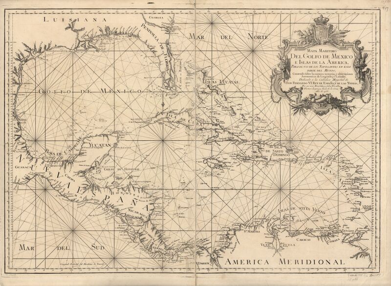 Maritime map of the Gulf of Mexico and the islands of America, for the use of navigators in that part of the world, constructed from the best memories, and astronomical observations of longitudes and latitudes., 1755