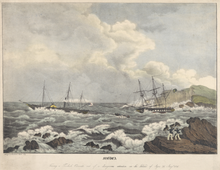 Medea Towing a Turkish Corvette out of a dangerous situation in the Island of Syra 26 Augst 1836 RMG PY0856, Charles Frederick de Brocktorff, 1837