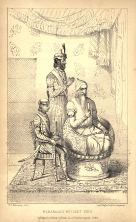 Lithograph titled 'Maharajah Runjeet Sing' (Maharaja Ranjit Singh), from 'The Court and Camp of Runjeet Sing' by William Godolphin Osborne, ca.1840, Robert Jacob Hamerton, circa 1840