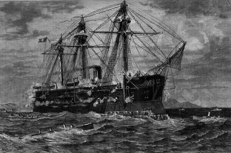 The attacking ship defends itself with its hosckitchs and revolver rifles., 15 August 1880