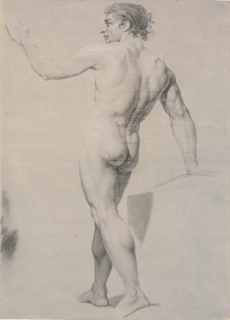 Model standing, seen from the back, left arm raised, Jens Juel