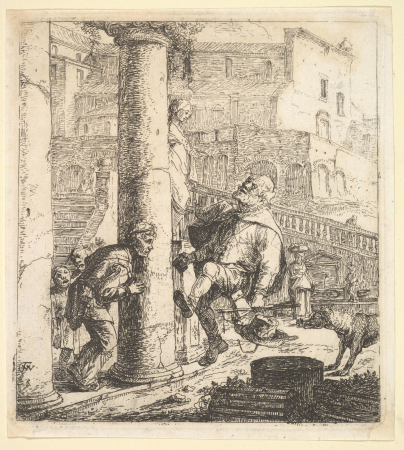 Blind Beggar Bumping A Pillar; this and 63.616.39 (2) are two plates of beggars from the story of Lazaville de Tormes., Thomas Wijck