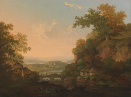 A River Scene with Thatched Huts by a Bridge over a Weir, James Lambert, 1767