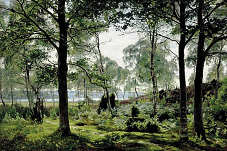 Springtime view through a forest to a lake., Christian Zacho, 1887