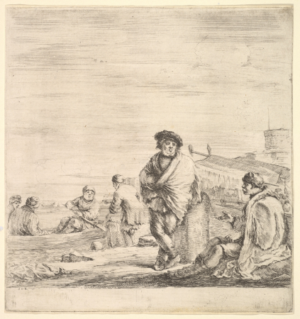 Standing sailor in center talking to a seated Levantine man to left, seen in profile, other sailors with a boat to left in the background, Stefano della Bella, circa 1658–63