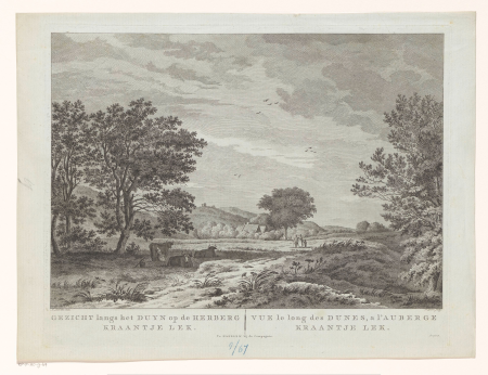 Duinlandschap met wandelend gezin Gezicht langs het duyn op de herberg Kraantje Lek Vue le long des dunes, a l'auberge Kraantje Lek (titel op object), RP-P-AO-9-67, Antoine Cardon, between 1777 and 1822