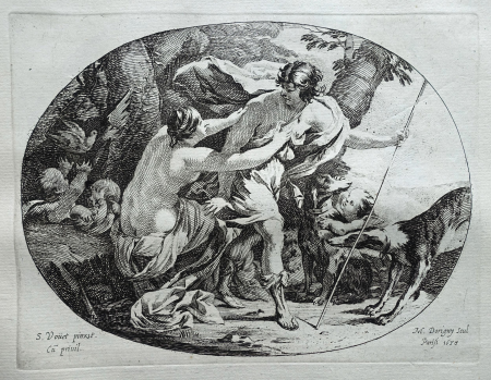 Michel Dorigny - Venus and Adonis, her arms toward him in a gesture of embrace, at left putti freeing doves; oval composition, after Vouet. 1638, 1841,1211.39.109, Simon Vouet