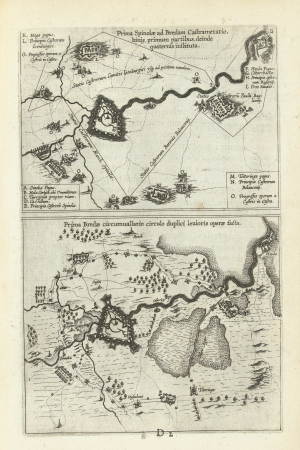 Blad met twee kaarten van het beleg van Breda, 1624-1625 Prima Spinolae ad Bredam Castrametatio, binis primum partibus, deinde quarternis instituta (titel op object) Prima Bredae circumvallatio circulo duplici levioris, BI-B-FM-013B-6, between 1625 and 1626