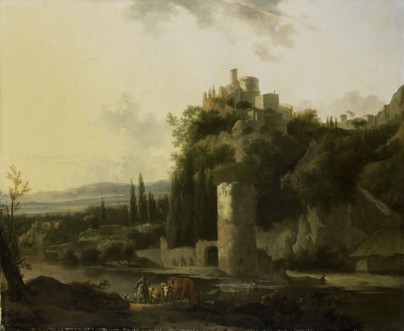 Italian landscape with round tower, Frederik de Moucheron, 1667