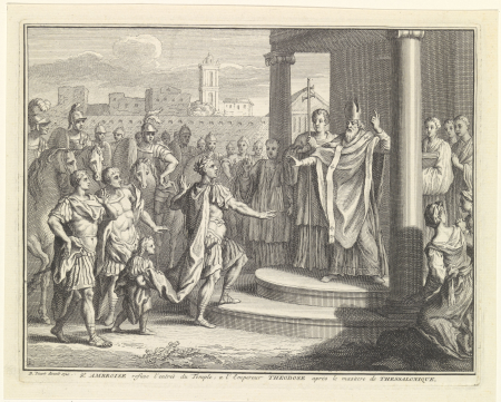 H. Ambrosius weigert Theodosius I de toegang tot de kerk, RP-P-OB-51.336, Bernard Picart, 1720