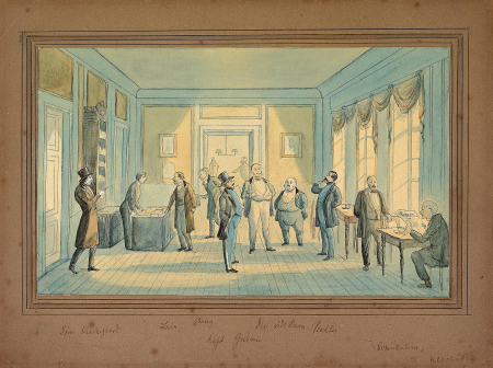 Søren Kierkegaard entering a salon in Copenhagen., P.C. Klæstrup, between 1838 and 1882