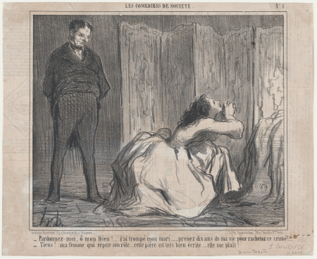 Pardonnez-moi, ô mon Dieu!..., from Les Comédiens de Société, published in Le Charivari, April 3, Aaron Martinet, 3 April 1858