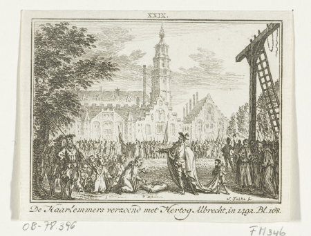 De Haarlemmers verzoend met hertog Albrecht, in 1492 De Haarlemmers verzoend met Hertog Albrecht, in 1492 (titel op object), RP-P-OB-78.396, Simon Fokke, between 1782 and 1784