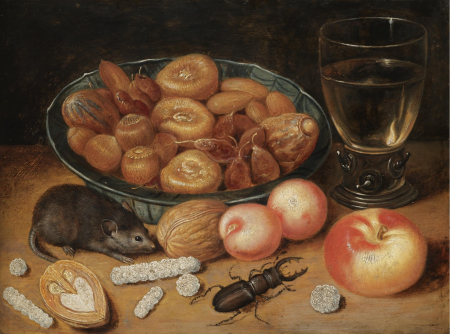Still life with chestnuts and hazelnuts in a porcelain bowl, a Roemer, an apple, apricot, a beetle and a mouse, Georg Flegel