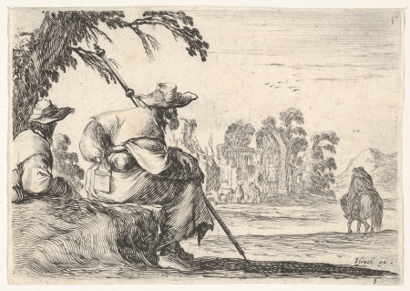 Plate 5: two pilgrims with hats rest to the left, seen from behind, a horseman rides towards the background to the right, from 'Various Figures' (Agréable diversité de figures), Israël Henriet, 1642